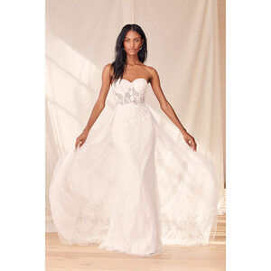 Lulus Elegance White Lace Embroidered Rhinestone Strapless Maxi Dress - Size XS